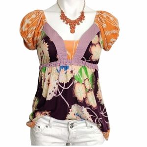 MACY'S Ric Rac Boho Puff Sleeve Floral Top EUC sz S